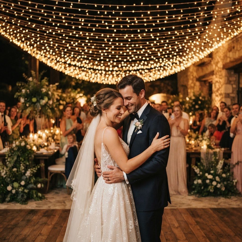 Newlywed couple embracing under warm string lights