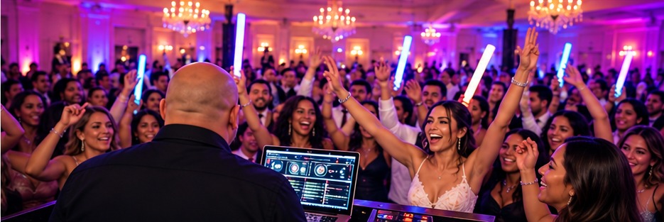 Bald DJ seen from behind performing for an excited wedding crowd