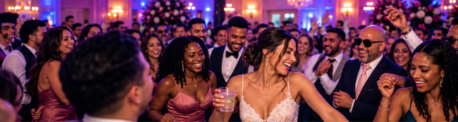 Bride and diverse wedding guests celebrating together on a colorful dance floor