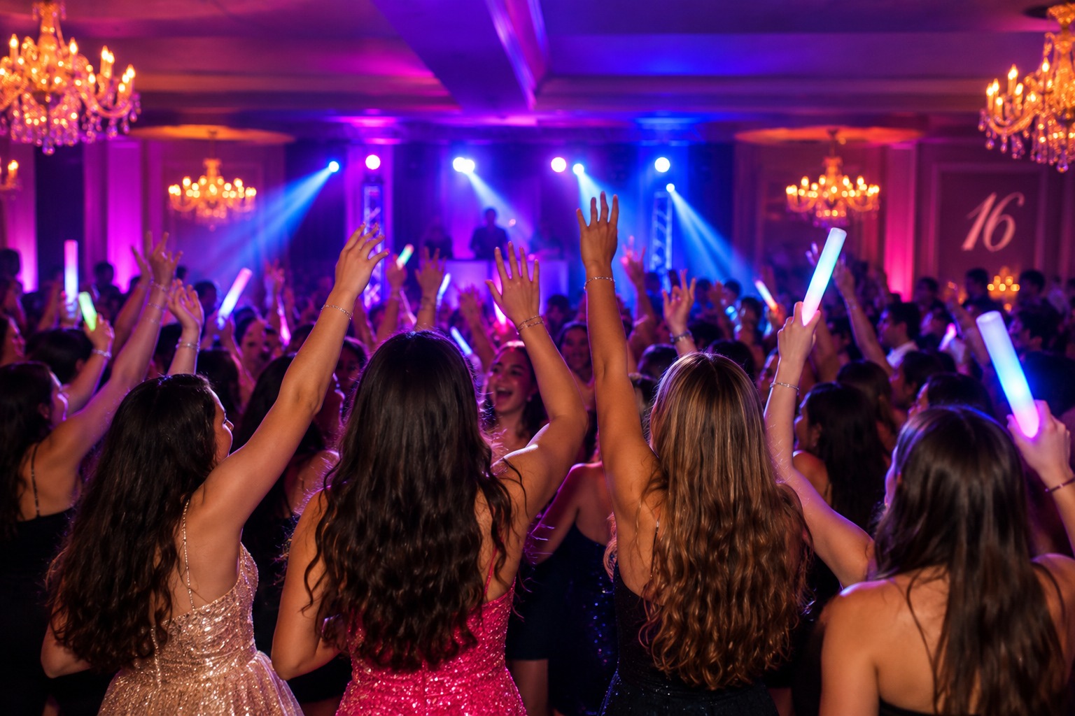 Guests dancing together under colorful Sweet 16 party lighting