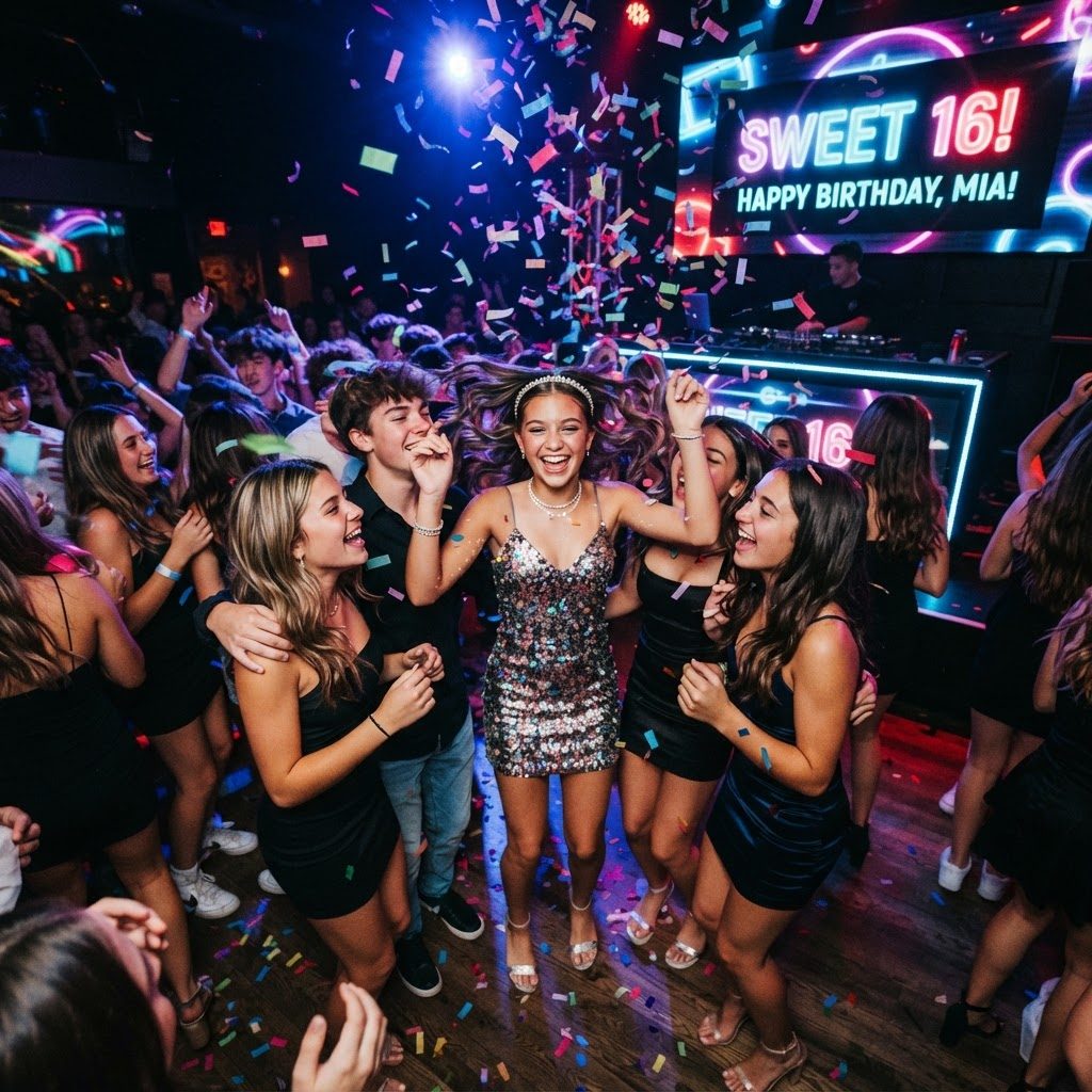 Guests dancing at a vibrant Sweet 16 celebration