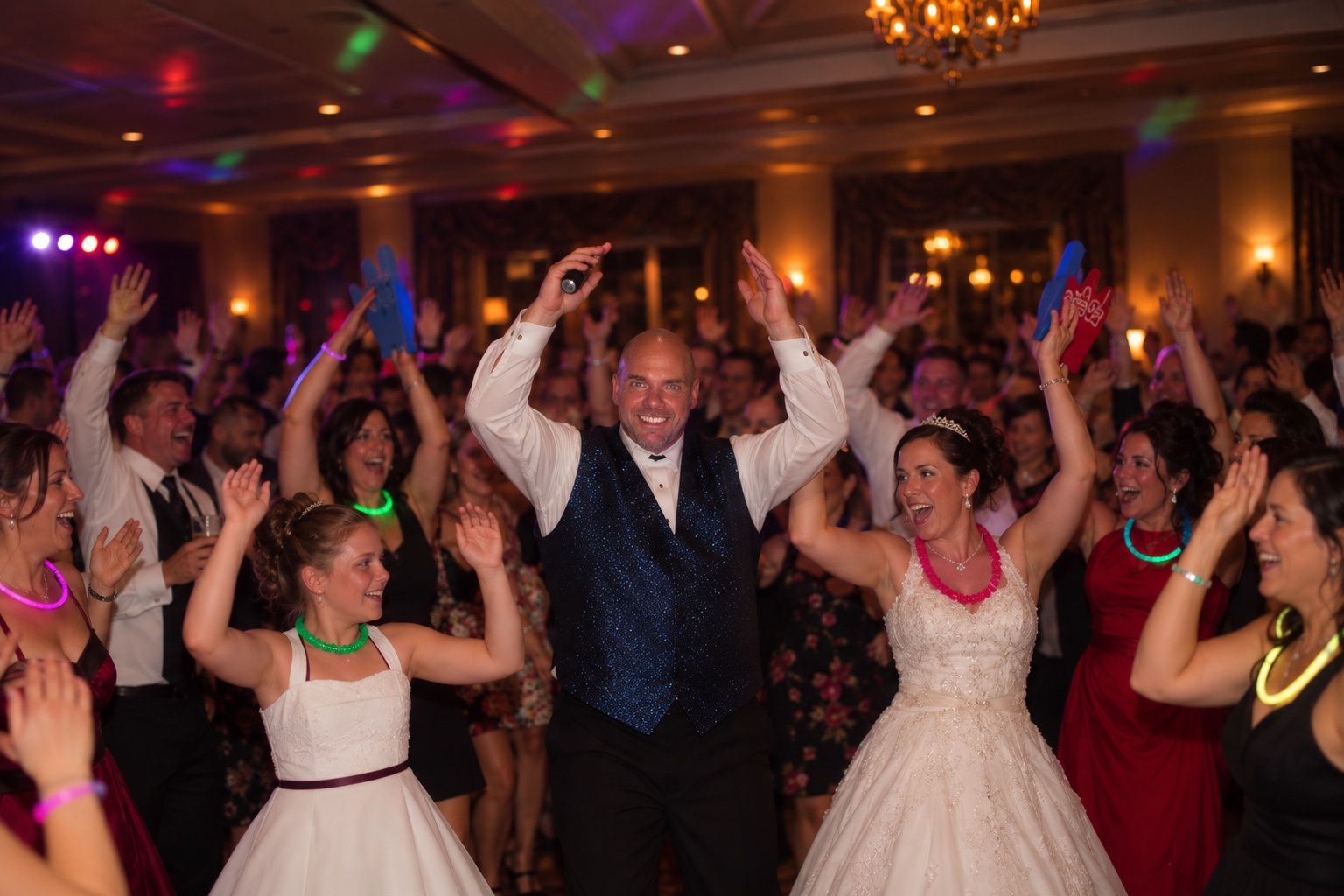Wedding guests celebrating on the dance floor